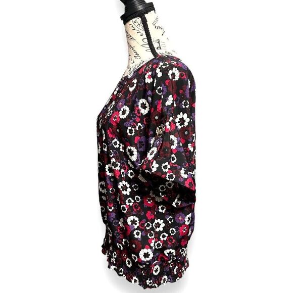 Michael Kors L Azalea Floral Black Blouse Roll Tab Sleeve Gold Button Retro Boho - Picture 6 of 11